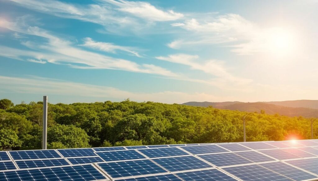 A captivating image showcasing the ecological impact of solar energy. In the foreground, a solar panel array stands tall, its sleek design and gleaming surfaces reflecting the sun's rays. The middle ground features a lush, verdant landscape, symbolizing the clean, renewable nature of solar power. In the background, a serene blue sky with wispy clouds creates a calming, tranquil atmosphere. The scene is illuminated by warm, golden lighting, casting a soft glow over the entire composition. The overall mood conveys a sense of environmental harmony and the positive impact of solar energy on our planet. A captivating image showcasing the ecological impact of solar energy. In the foreground, a solar panel array stands tall, its sleek design and gleaming surfaces reflecting the sun's rays. The middle ground features a lush, verdant landscape, symbolizing the clean, renewable nature of solar power. In the background, a serene blue sky with wispy clouds creates a calming, tranquil atmosphere. The scene is illuminated by warm, golden lighting, casting a soft glow over the entire composition. The overall mood conveys a sense of environmental harmony and the positive impact of solar energy on our planet.