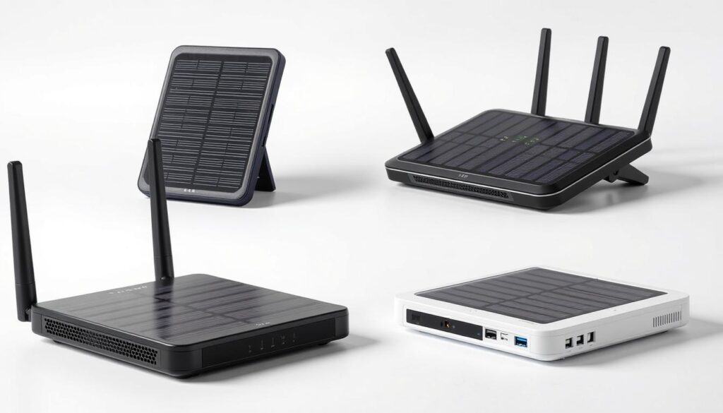 A detailed comparison of the top 3 solar routers recommended for 2024, captured with a high-resolution camera in a clean, well-lit studio setting. The image showcases the sleek, modern designs of the routers from various angles, highlighting their key features such as solar panels, charging ports, and LED indicators. The routers are arranged in a visually appealing manner, allowing the viewer to easily compare their size, shape, and overall aesthetic. The background is a plain, neutral color that allows the routers to be the focal point, while soft, directional lighting emphasizes their details and materials. The overall tone is professional and informative, aiming to provide a comprehensive visual representation of the leading solar routers for the coming year. A detailed comparison of the top 3 solar routers recommended for 2024, captured with a high-resolution camera in a clean, well-lit studio setting. The image showcases the sleek, modern designs of the routers from various angles, highlighting their key features such as solar panels, charging ports, and LED indicators. The routers are arranged in a visually appealing manner, allowing the viewer to easily compare their size, shape, and overall aesthetic. The background is a plain, neutral color that allows the routers to be the focal point, while soft, directional lighting emphasizes their details and materials. The overall tone is professional and informative, aiming to provide a comprehensive visual representation of the leading solar routers for the coming year.