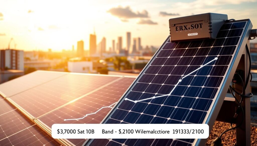 A detailed illustration of a solar panel installation's financial viability. In the foreground, a solar panel system with a battery bank is prominently displayed, casting warm, natural lighting across the scene. The middle ground features a line graph depicting the cost savings and return on investment over time. In the background, a cityscape with modern architecture and a bright, cloudless sky creates an atmosphere of progress and sustainability. The image conveys the financial benefits of a well-designed solar energy system with battery storage, emphasizing its long-term profitability. A detailed illustration of a solar panel installation's financial viability. In the foreground, a solar panel system with a battery bank is prominently displayed, casting warm, natural lighting across the scene. The middle ground features a line graph depicting the cost savings and return on investment over time. In the background, a cityscape with modern architecture and a bright, cloudless sky creates an atmosphere of progress and sustainability. The image conveys the financial benefits of a well-designed solar energy system with battery storage, emphasizing its long-term profitability.