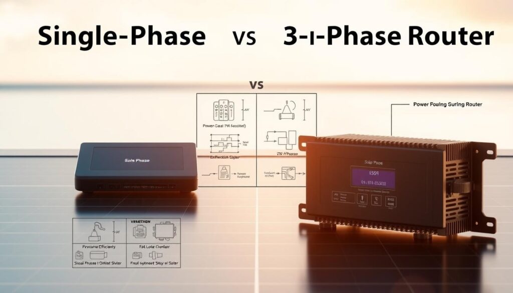 A detailed side-by-side comparison of a single-phase and a three-phase solar router, illuminated by warm, natural lighting. The single-phase router occupies the left foreground, its sleek, compact frame contrasting with the more robust, industrial-looking three-phase router on the right. The middle ground features technical diagrams and schematics, illustrating the key differences in power handling, efficiency, and compatibility. The background blends a subtle grid pattern with a soft, gradient sky, creating a balanced, technical aesthetic. The composition emphasizes the functional and visual distinctions between these two solar routing solutions, providing a clear visual aid for the article's comparative analysis. A detailed side-by-side comparison of a single-phase and a three-phase solar router, illuminated by warm, natural lighting. The single-phase router occupies the left foreground, its sleek, compact frame contrasting with the more robust, industrial-looking three-phase router on the right. The middle ground features technical diagrams and schematics, illustrating the key differences in power handling, efficiency, and compatibility. The background blends a subtle grid pattern with a soft, gradient sky, creating a balanced, technical aesthetic. The composition emphasizes the functional and visual distinctions between these two solar routing solutions, providing a clear visual aid for the article's comparative analysis.