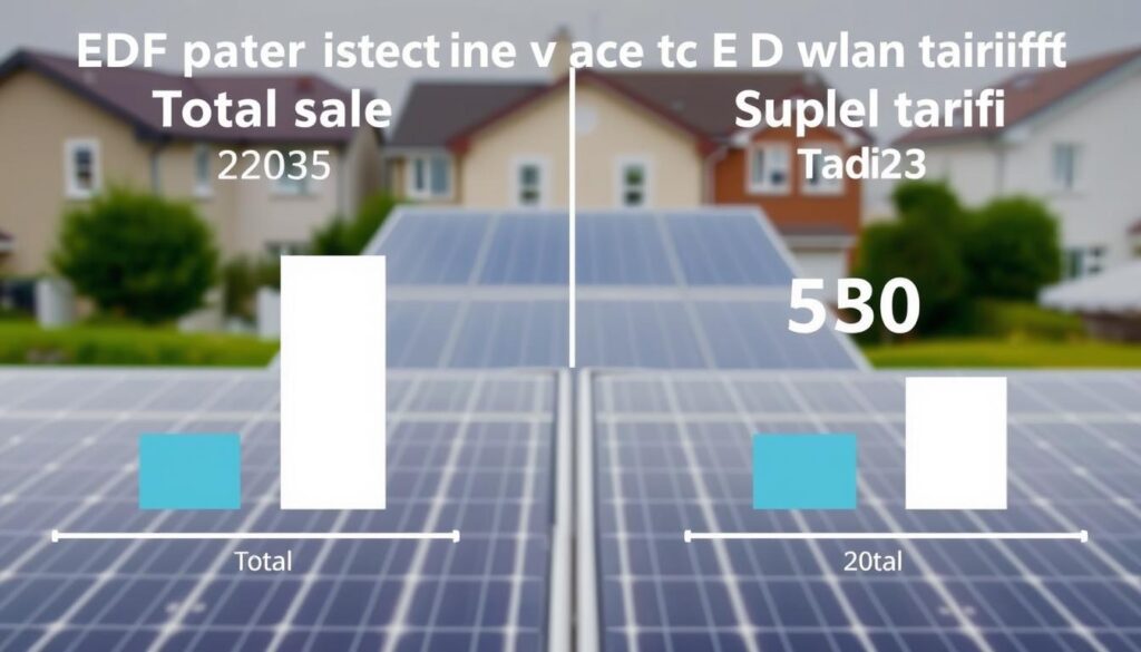 A detailed side-by-side comparison of the total sale and surplus tariffs for EDF solar panels in 2025. The foreground depicts two vertical bar charts, one for each tariff, with clear numeric labels. The middle ground features a sleek solar panel array against a blurred background of residential housing. The scene is illuminated by soft, even lighting to convey a sense of balance and clarity. The overall mood is informative and analytical, guiding the viewer to easily understand the key financial differences between the two solar energy compensation schemes.