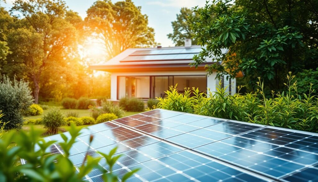 A modern solar-powered smart home nestled amidst a lush, verdant landscape. In the foreground, clean energy panels seamlessly integrated into the home's roof, radiating a warm, renewable glow. The middle ground showcases a well-designed, minimalist exterior with large windows allowing natural light to flood the interior. In the background, a tranquil, sun-dappled garden with thriving greenery and a hint of a clear blue sky, conveying a sense of sustainability and environmental harmony. Lighting is soft and ambient, creating a cozy, inviting atmosphere. The overall scene embodies the advantages of a solar-powered smart home - energy efficiency, eco-friendliness, and a harmonious blend of technology and nature. A modern solar-powered smart home nestled amidst a lush, verdant landscape. In the foreground, clean energy panels seamlessly integrated into the home's roof, radiating a warm, renewable glow. The middle ground showcases a well-designed, minimalist exterior with large windows allowing natural light to flood the interior. In the background, a tranquil, sun-dappled garden with thriving greenery and a hint of a clear blue sky, conveying a sense of sustainability and environmental harmony. Lighting is soft and ambient, creating a cozy, inviting atmosphere. The overall scene embodies the advantages of a solar-powered smart home - energy efficiency, eco-friendliness, and a harmonious blend of technology and nature.