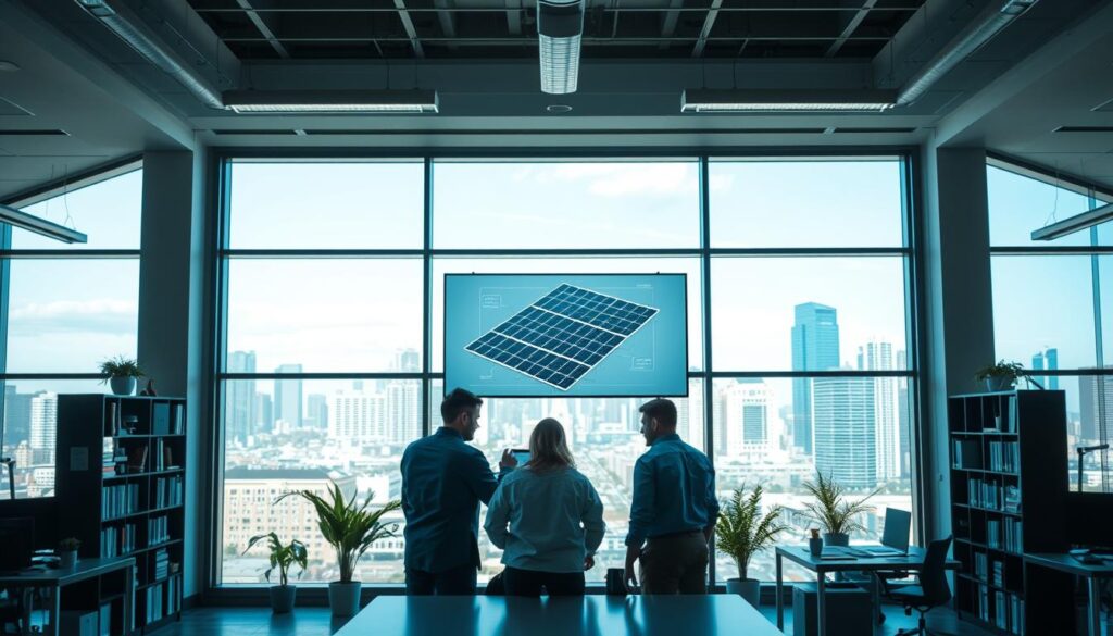 A modern, well-lit office interior with a large window overlooking a cityscape. In the foreground, a group of employees collaborating around a table, intently focused on a solar panel schematic displayed on a sleek touchscreen display. The middle ground features neatly organized workstations, bookshelves, and potted plants, creating a professional yet comfortable atmosphere. The background showcases the skyline, with skyscrapers and a clear blue sky. The overall scene conveys a sense of efficient, technology-driven integration of renewable energy solutions within a thriving corporate environment.