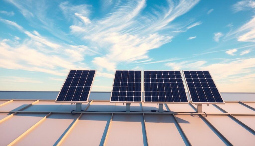 A photorealistic image of five solar panels of varying wattages, neatly arranged on a sleek, modern rooftop. The panels cast long shadows, indicating a late afternoon sun. The background features a clear, azure sky dotted with wispy clouds. The panels are composed in a visually balanced layout, showcasing their relationship between power output and pricing. The image conveys a sense of clean, renewable energy and highlights the key factors that influence the overall cost of a solar installation.