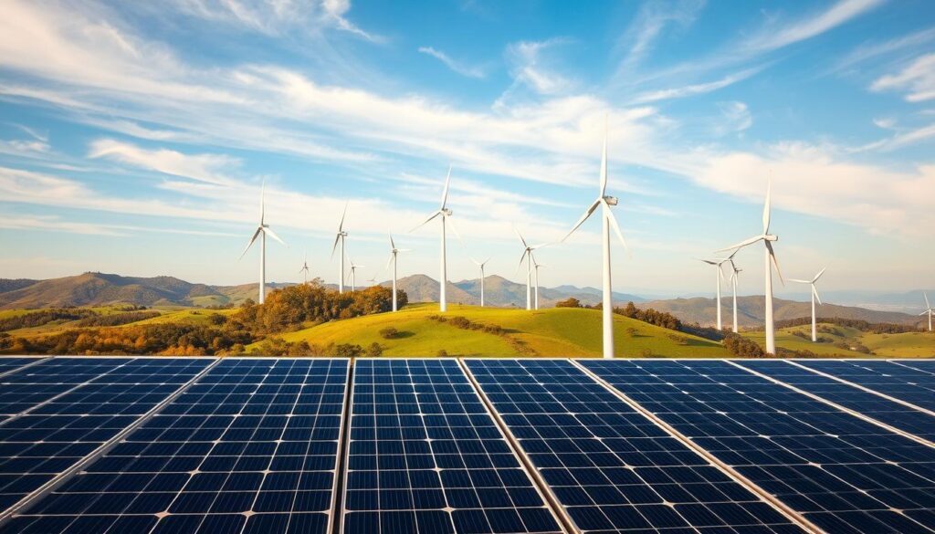 Vibrant solar panels and wind turbines set against a serene landscape of rolling hills, a clear blue sky, and wispy clouds. The foreground features an array of solar panels, their sleek black surfaces catching the warm sunlight. In the middle ground, towering wind turbines gracefully spin, their blades slicing through the air. The background is a panoramic vista of lush, verdant hills, dotted with clusters of trees and natural foliage. The overall scene conveys a sense of renewable energy in harmony with the natural world, inviting the viewer to explore the possibilities of sustainable power.