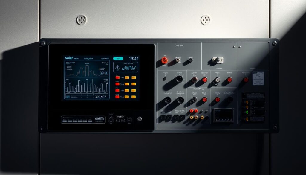 A high-tech solar energy control panel with a sleek, modern design. In the foreground, a touchscreen display shows real-time data and controls for a photovoltaic system. The middle ground features various input/output ports, switches, and dials for managing different aspects of the solar energy system. The background showcases a minimalist, industrial-inspired aesthetic with clean lines and a neutral color palette, hinting at the efficient and sophisticated nature of the remote monitoring and control setup. Dramatic studio lighting casts dramatic shadows, emphasizing the technical precision and advanced capabilities of this solar energy management system.