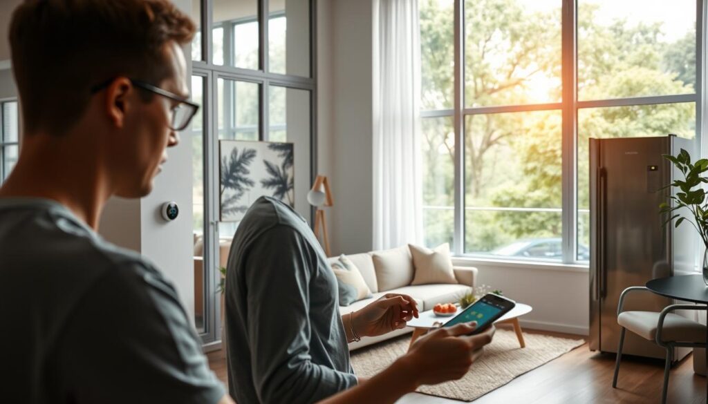 A modern apartment interior with large windows, soft natural lighting, and minimalist furniture. In the foreground, a person is shown interacting with a digital device, perhaps a smartphone or tablet, demonstrating their energy consumption habits. The middle ground features various energy-efficient appliances, such as a smart thermostat, LED lighting, and a sleek, energy-efficient refrigerator. The background showcases a lush, verdant outdoor view, hinting at the importance of sustainable living and the integration of nature. The overall atmosphere conveys a sense of tranquility, mindfulness, and a harmonious balance between technology and the environment.