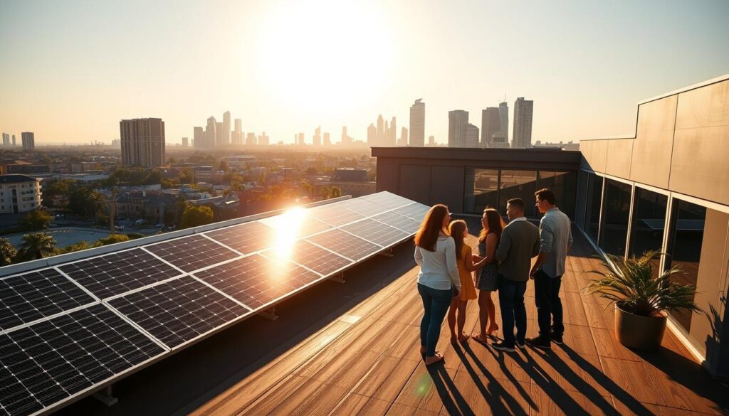 A sun-drenched rooftop, solar panels neatly arranged, casting long shadows across the terrace. In the foreground, a family gathers, discussing energy options - their silhouettes highlighted by the warm, golden light. In the middle ground, a sleek, modern home with large windows, its facade gleaming. In the background, a cityscape with towering skyscrapers, a testament to the urban energy needs. The scene conveys a sense of exploration, analysis, and a quest for the optimal solar power solution for this particular household's profile. The image should capture the contemplative mood of the "Cas pratiques" section, inviting the viewer to imagine themselves in this scenario. A sun-drenched rooftop, solar panels neatly arranged, casting long shadows across the terrace. In the foreground, a family gathers, discussing energy options - their silhouettes highlighted by the warm, golden light. In the middle ground, a sleek, modern home with large windows, its facade gleaming. In the background, a cityscape with towering skyscrapers, a testament to the urban energy needs. The scene conveys a sense of exploration, analysis, and a quest for the optimal solar power solution for this particular household's profile. The image should capture the contemplative mood of the "Cas pratiques" section, inviting the viewer to imagine themselves in this scenario.
