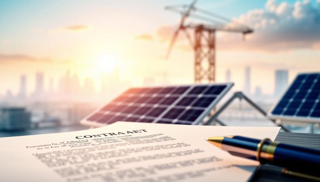 A well-lit and detailed illustration of a solar energy contract, showcasing the key elements in a professional and informative manner. In the foreground, a crisp close-up of a contract document with formal legal text and official seals, conveying the serious and binding nature of the agreement. In the middle ground, a clean and modern 3D render of solar panels, subtly hinting at the renewable energy source powering the contract. The background features a soft, blurred cityscape with skyscrapers and infrastructure, suggesting the broader context of urban energy consumption and sustainability. The overall atmosphere is one of authority, clarity, and environmental consciousness. A well-lit and detailed illustration of a solar energy contract, showcasing the key elements in a professional and informative manner. In the foreground, a crisp close-up of a contract document with formal legal text and official seals, conveying the serious and binding nature of the agreement. In the middle ground, a clean and modern 3D render of solar panels, subtly hinting at the renewable energy source powering the contract. The background features a soft, blurred cityscape with skyscrapers and infrastructure, suggesting the broader context of urban energy consumption and sustainability. The overall atmosphere is one of authority, clarity, and environmental consciousness.