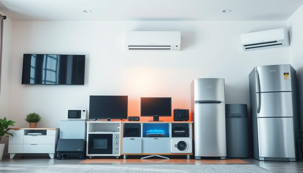 A well-lit home interior scene, showcasing a variety of modern, energy-consuming appliances such as a television, computer, refrigerator, and air conditioning unit. The appliances are arranged in a visually appealing layout, highlighting their interaction and the potential for intelligent management. The lighting is soft and natural, creating a warm and inviting atmosphere. The background features a minimalist, clean design, allowing the appliances to take center stage. The overall composition conveys the importance of optimizing the energy consumption of these devices for a more sustainable and efficient household.