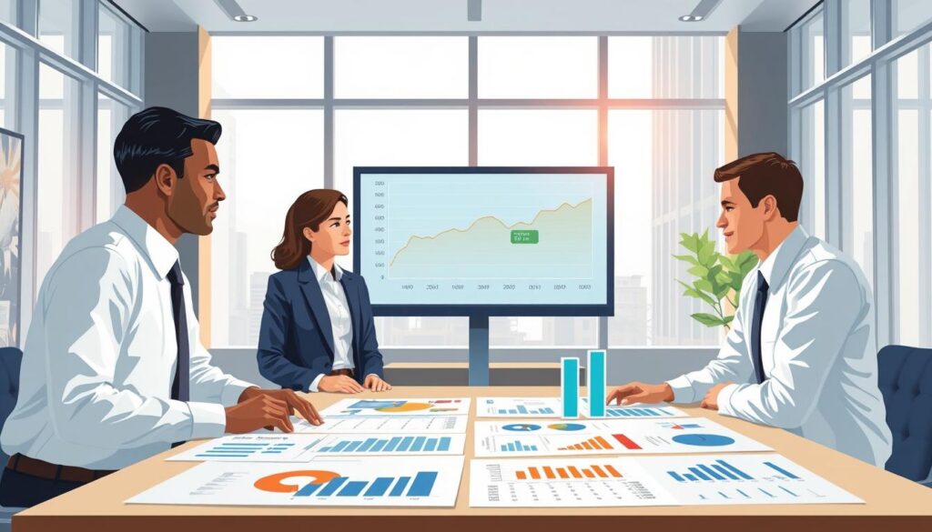 A detailed illustration of an economic analysis titled "Economic Assessment of the Tariff Shield." In the foreground, a diverse group of four professionals in formal attire, gathered around a large table filled with charts and graphs, displaying economic data and trends. The middle ground features a digital screen showing a line graph with fluctuating economic indicators, emphasizing growth and stability. In the background, a modern office with large windows allowing natural light to flood the room, giving a sense of clarity and optimism. Soft, ambient lighting casts a professional glow, while a calm atmosphere reflects seriousness and analytical thinking about macroeconomic impacts. A detailed illustration of an economic analysis titled "Economic Assessment of the Tariff Shield." In the foreground, a diverse group of four professionals in formal attire, gathered around a large table filled with charts and graphs, displaying economic data and trends. The middle ground features a digital screen showing a line graph with fluctuating economic indicators, emphasizing growth and stability. In the background, a modern office with large windows allowing natural light to flood the room, giving a sense of clarity and optimism. Soft, ambient lighting casts a professional glow, while a calm atmosphere reflects seriousness and analytical thinking about macroeconomic impacts.