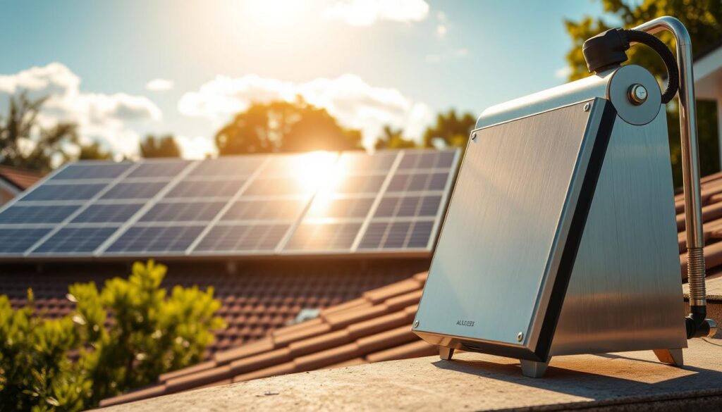 A modern auxiliary heater for a solar water heating system, prominently displayed in the foreground. The heater is sleek, with a metallic finish, showcasing its advanced technology. In the middle ground, sun-drenched solar panels are featured on a rooftop, reflecting a bright blue sky with a few fluffy clouds. Various pipes and connections lead from the heater to the panels, emphasizing the integration of the system. The background captures a picturesque suburban landscape, with green trees and a hint of a residential home. Soft golden sunlight bathes the scene, creating a warm and inviting atmosphere. The focus is sharp on the heater, while the background is slightly blurred to emphasize depth. The overall mood is serene and efficient, highlighting the importance of supplemental heating for complete energy autonomy. A modern auxiliary heater for a solar water heating system, prominently displayed in the foreground. The heater is sleek, with a metallic finish, showcasing its advanced technology. In the middle ground, sun-drenched solar panels are featured on a rooftop, reflecting a bright blue sky with a few fluffy clouds. Various pipes and connections lead from the heater to the panels, emphasizing the integration of the system. The background captures a picturesque suburban landscape, with green trees and a hint of a residential home. Soft golden sunlight bathes the scene, creating a warm and inviting atmosphere. The focus is sharp on the heater, while the background is slightly blurred to emphasize depth. The overall mood is serene and efficient, highlighting the importance of supplemental heating for complete energy autonomy.