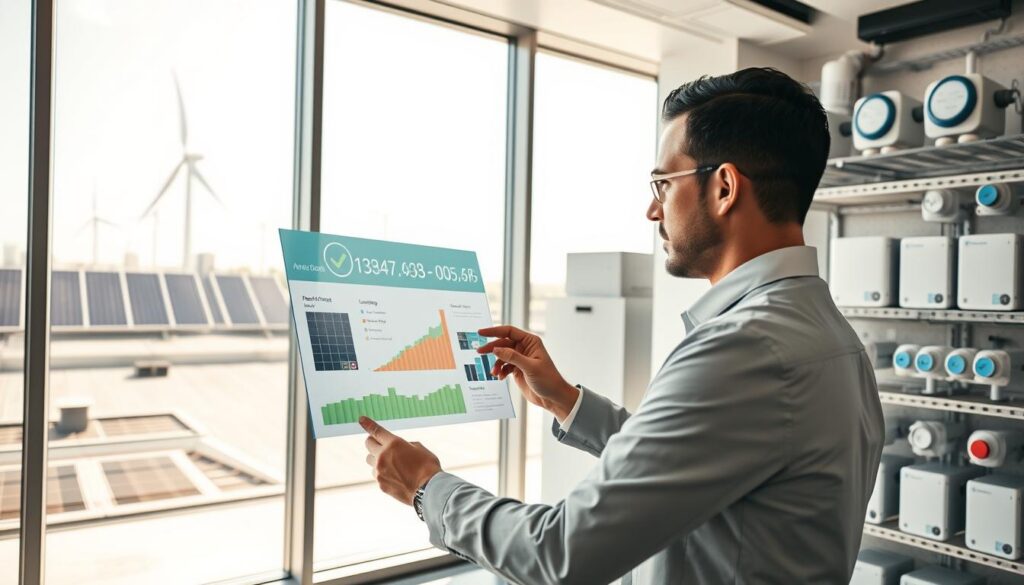 A modern energy management system in a sleek, futuristic office setting. In the foreground, a professional in business attire examines a digital dashboard displaying real-time data analytics on energy storage and consumption. In the middle ground, large windows reveal solar panels and wind turbines on the building’s rooftop, symbolizing renewable energy sources. The background features shelves stacked with advanced battery storage units and smart meters, all illuminated by bright, natural light filtering through the windows, creating an innovative and optimistic atmosphere. The angle captures a dynamic perspective, emphasizing the integration of technology and energy efficiency. The overall mood is one of progress and sustainability, reflecting the importance of energy management strategies.