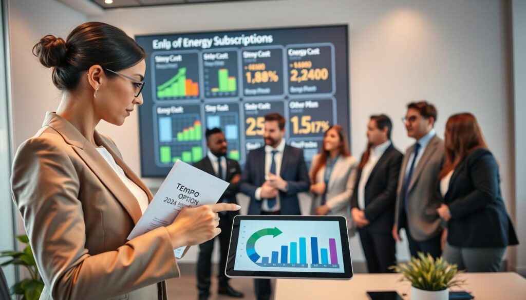 A professional and modern office setting depicting a diverse group of individuals discussing energy options. In the foreground, a businesswoman in professional attire is reviewing a document labeled "Tempo Option 2024" while pointing at a digital tablet displaying a colorful energy calendar. In the middle, a diverse group of men and women, also dressed in business attire, engages in conversation, showcasing a collaborative atmosphere. On a large screen in the background, visuals of energy costs and comparisons to other plans are graphically represented, illuminated by soft, warm lighting. The overall mood is focused and informative, capturing the essence of making a decision about energy subscriptions in a corporate environment. The angle is slightly above eye level, providing a clear view of this professional interaction.