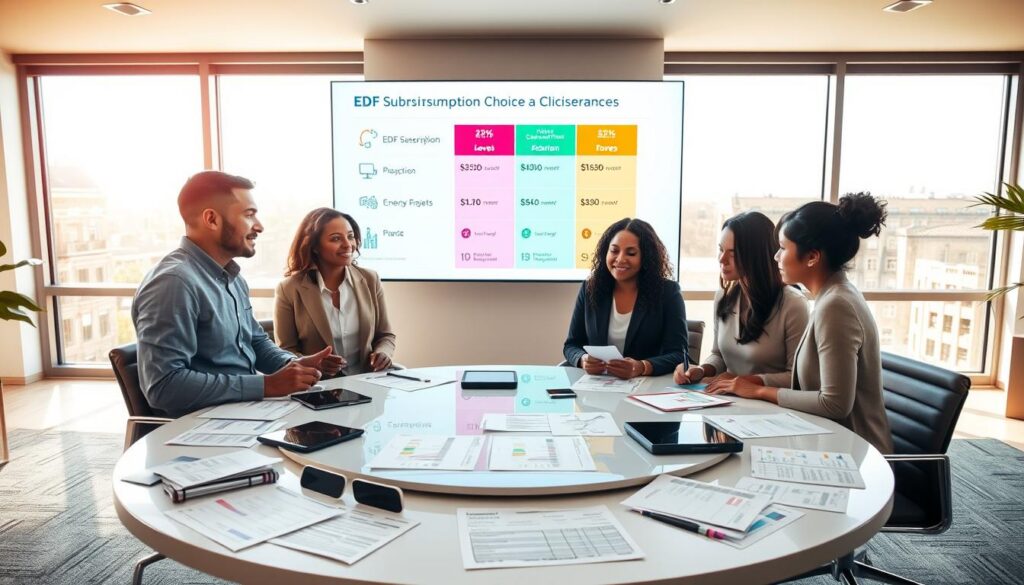 A professional setting depicting a modern office environment focused on energy consumption choices. In the foreground, a diverse group of three individuals—one man and two women of different ethnic backgrounds—are engaged in a discussion around a sleek, round table scattered with energy bill statements and digital devices displaying graphs. The middle ground features a large screen showing colorful infographics about different EDF subscription plans, emphasizing power levels and options. In the background, large windows allow warm, natural light to flood the room, creating an inviting atmosphere. The overall mood should be collaborative and informative, inviting viewers to explore the decision-making process for energy subscriptions. The angle should be a slightly elevated viewpoint, capturing both the interactions and the displayed data clearly.