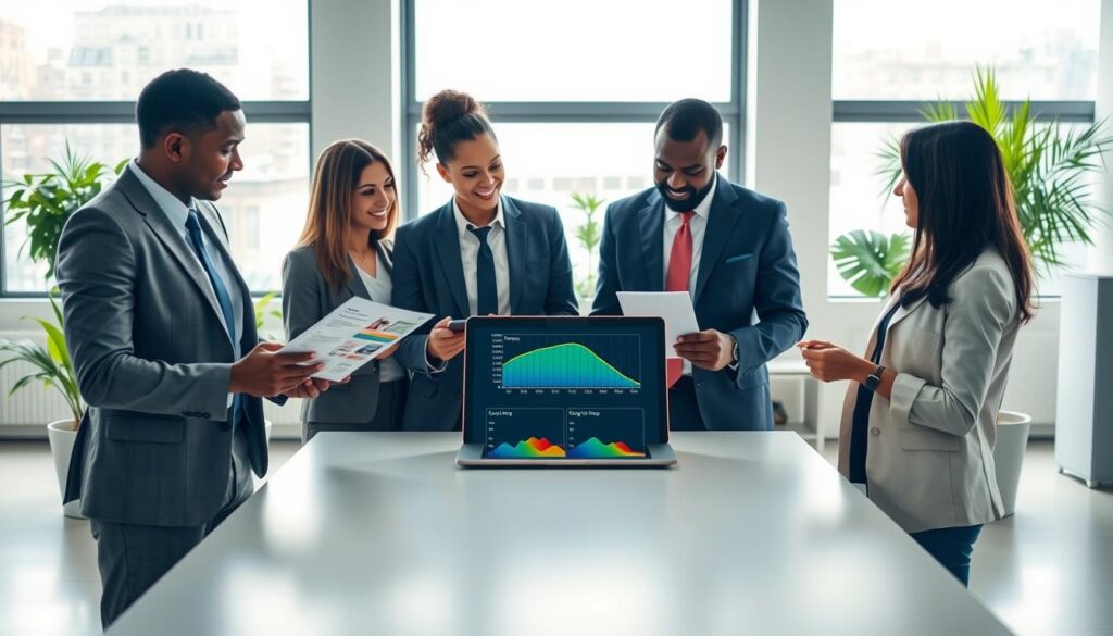 A professional setting illustrating the concept of "EDF Tempo Option Subscription." In the foreground, a diverse group of three individuals in smart business attire, engaged in a discussion. They are examining an informational brochure about the EDF Tempo option. In the middle, a sleek modern table with a laptop displaying colorful graphs representing the timing of light and heavy energy usage throughout the day. In the background, a bright office space with large windows letting in natural light, punctuated by plants for a fresh, welcoming atmosphere. The lighting is soft and diffused, creating a professional yet approachable ambiance. The overall mood conveys accessibility and clarity in understanding energy subscription options.