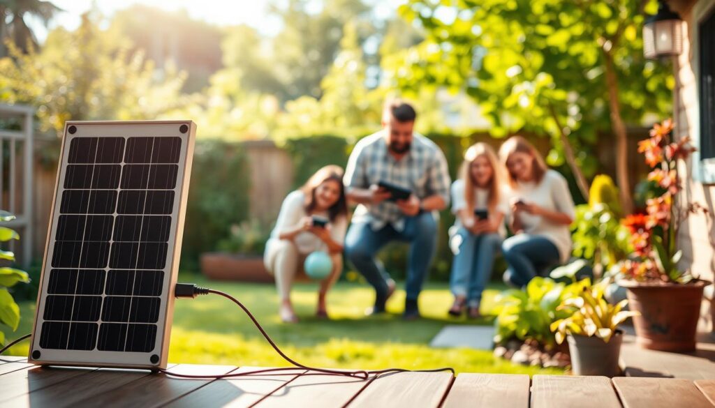A vibrant and informative image showcasing the advantages of the Beem On solar kit for individuals. In the foreground, feature a modern, sleek Beem On solar panel connected to a standard household outlet, with light reflections highlighting its design. The middle ground should include a happy family enjoying various activities powered by the solar energy, such as using devices and outdoor lighting, symbolizing sustainability and convenience. The background should display a sunny, green backyard filled with trees and plants. Soft, warm lighting enhances the welcoming atmosphere, and the image is captured at a slight angle to create depth. The overall mood should feel uplifting and eco-friendly, emphasizing the innovative benefits of this solar kit for everyday users.
