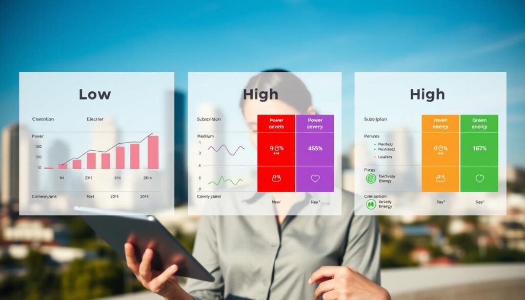 A visually engaging comparison of electricity subscription plans, featuring three distinct panels illustrating common power levels: low, medium, and high. In the foreground, a professional businesswoman in modest attire studies charts and graphs on a tablet, with a thoughtful expression. In the middle, display detailed diagrams of power levels, subscription options, and icons representing services like green energy. In the background, a blurred urban landscape suggests a modern city under a clear blue sky, creating a sense of progression and innovation. Use soft, natural lighting to enhance the clear and informative atmosphere, with a slightly shallow depth of field to focus on the central elements while keeping the background subtly relevant.