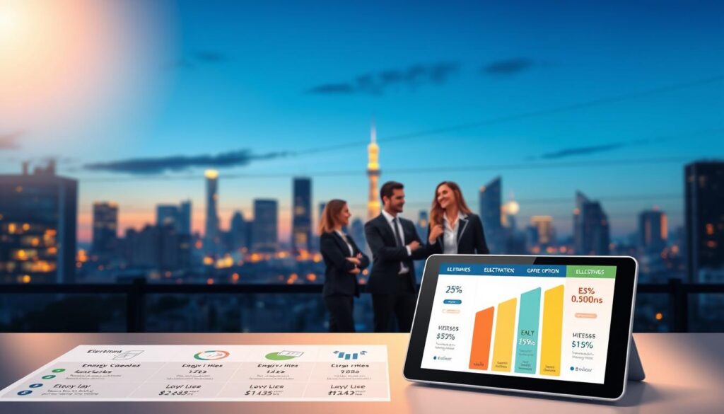 A visually engaging illustration depicting a comparison of electricity tariff options, specifically highlighting the EJP (Heures Creuses) option alongside others. In the foreground, a sleek, modern infographic design featuring various tariff plans, with icons representing different pricing structures and energy use patterns. In the middle ground, a group of diverse professionals in business attire, gathered around a digital tablet displaying a colorful chart or graph, engaged in a discussion. The background showcases a city skyline at dusk, subtly illuminated with warm lights, creating a professional and optimistic atmosphere. Soft lighting emphasizes the clarity of the infographic while maintaining a contemporary feel. The overall composition should evoke a sense of informed decision-making and clarity in energy choices. A visually engaging illustration depicting a comparison of electricity tariff options, specifically highlighting the EJP (Heures Creuses) option alongside others. In the foreground, a sleek, modern infographic design featuring various tariff plans, with icons representing different pricing structures and energy use patterns. In the middle ground, a group of diverse professionals in business attire, gathered around a digital tablet displaying a colorful chart or graph, engaged in a discussion. The background showcases a city skyline at dusk, subtly illuminated with warm lights, creating a professional and optimistic atmosphere. Soft lighting emphasizes the clarity of the infographic while maintaining a contemporary feel. The overall composition should evoke a sense of informed decision-making and clarity in energy choices.