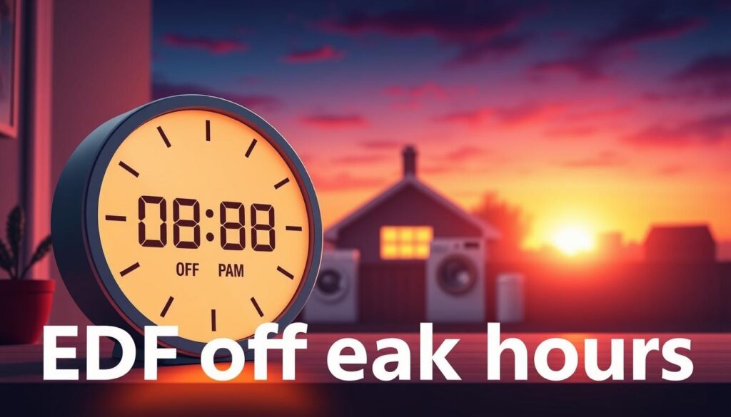 A visually striking infographic-style illustration depicting the concept of "EDF off-peak hours." In the foreground, a modern digital clock displaying off-peak times with a soft glow to symbolize energy savings. In the middle ground, a stylized representation of a residential setting bathed in warm, inviting lighting, showcasing various household appliances like a washing machine and dishwasher, subtly implying their use during off-peak hours. The background features a sunset with vibrant hues transitioning to twilight, creating a calming atmosphere. The overall composition should evoke a sense of awareness and tranquility, emphasizing energy efficiency. The perspective should be slightly angled for depth, with the lighting focused on the clock to draw the viewer's attention. The image should be clean and professional, without any text or branding elements.