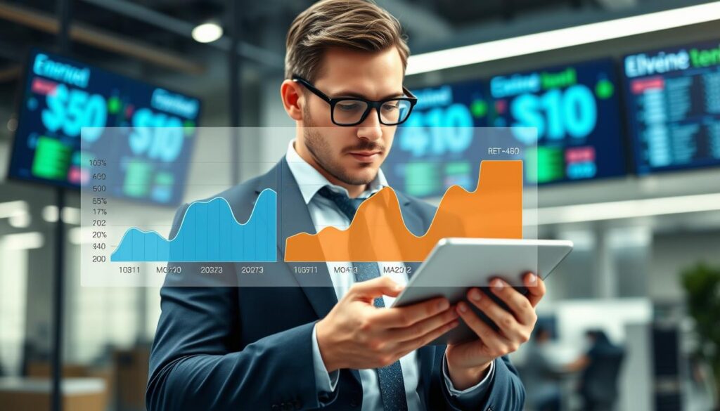 A conceptual image illustrating the limitations and precautions of the Tempo EDF energy option. In the foreground, a professional business individual, dressed in smart casual attire, studies a complex graph of energy costs on a digital tablet with a focused expression. In the middle, a transparent overlay of seasonal charts depicting peak and off-peak energy usage, colored in blues and oranges to represent different rates. The background features a blurred modern office setting with high-tech energy management screens displaying real-time data. The lighting is bright and focused, creating a dynamic and analytical atmosphere. The angle captures the individual engaging with the data while emphasizing the importance of understanding energy tariffs.