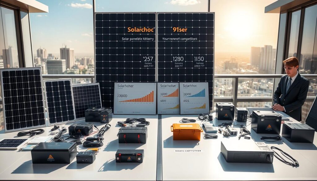 A detailed comparison scene showcasing various solar kit options laid out on a sleek, modern table. In the foreground, several solar panels of different sizes and styles are arranged alongside corresponding batteries and accessories, each represented in a unique manner to highlight their quality and features. In the middle ground, several charts or infographics are subtly displayed, illustrating price points and performance metrics, emphasizing the Solarchoc kits versus competitors. The background features a sunlit urban landscape, symbolizing renewable energy utilization. The lighting is bright and natural, creating an optimistic and innovative atmosphere. The image captures an analytical vibe, encouraging viewers to evaluate their solar options thoughtfully, with professional business attire worn by any included human figures, reflecting a serious business context. A detailed comparison scene showcasing various solar kit options laid out on a sleek, modern table. In the foreground, several solar panels of different sizes and styles are arranged alongside corresponding batteries and accessories, each represented in a unique manner to highlight their quality and features. In the middle ground, several charts or infographics are subtly displayed, illustrating price points and performance metrics, emphasizing the Solarchoc kits versus competitors. The background features a sunlit urban landscape, symbolizing renewable energy utilization. The lighting is bright and natural, creating an optimistic and innovative atmosphere. The image captures an analytical vibe, encouraging viewers to evaluate their solar options thoughtfully, with professional business attire worn by any included human figures, reflecting a serious business context.