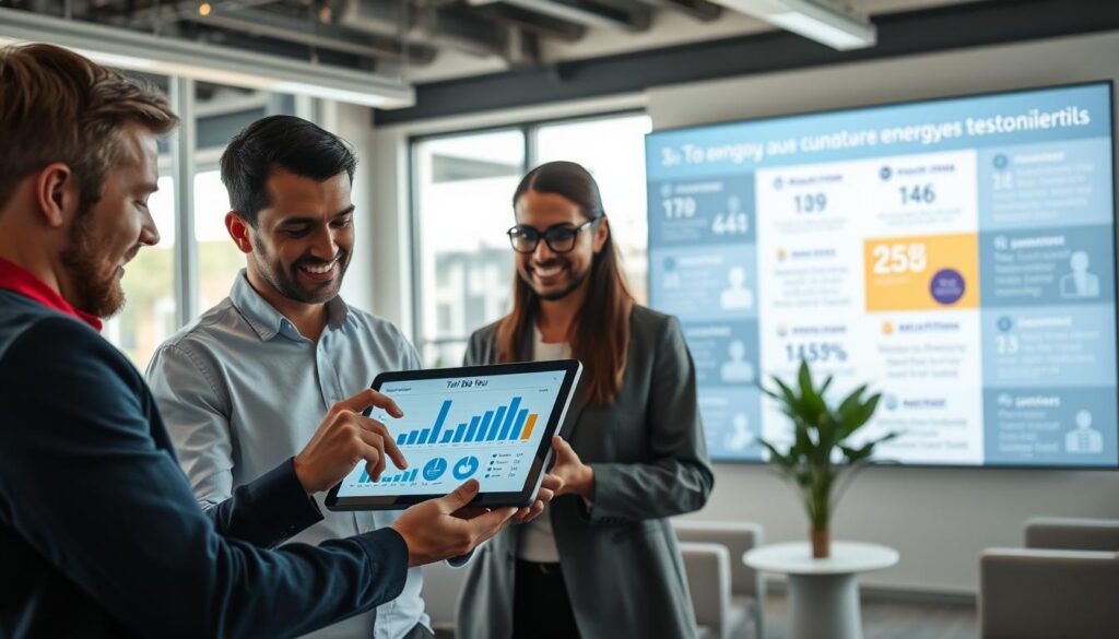A detailed composition illustrating the "Tarif Bleu EDF" services and resources. In the foreground, show a diverse group of three professionals (a Caucasian man, a Black woman, and a South Asian man) engaged in a discussion over a digital tablet displaying graphs and statistics related to energy savings. In the middle ground, depict a modern office space with large windows allowing natural light, sleek furniture, and a potted plant to create a welcoming atmosphere. In the background, faintly outline a digital display board showcasing various energy plans and customer testimonials. The lighting should be bright and uplifting, with a focus on creating a collaborative and innovative mood. Use a soft-focus lens effect for a professional touch. Ensure no text, logos, or watermarks appear in the image.