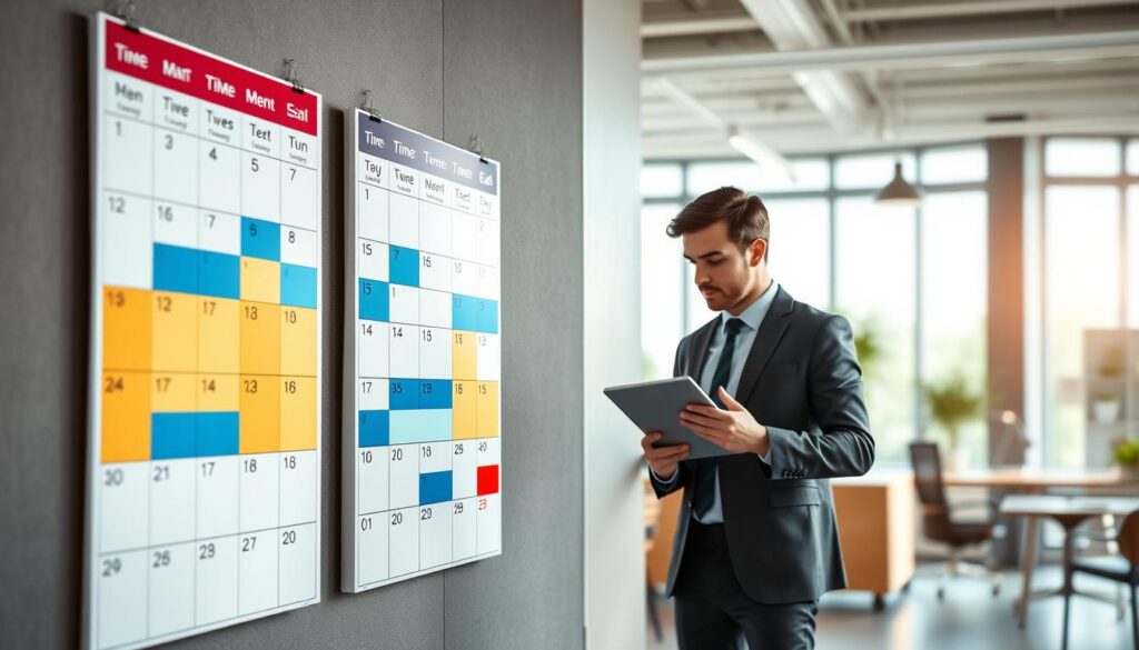 A detailed illustration of the "calendrier tempo EDF", depicting the color-coded system used by EDF for energy pricing based on the time of day. In the foreground, a large, vividly colored wall calendar hangs on a modern office wall, with distinct blue, white, and red blocks clearly marking different days and time slots. In the middle ground, a focused individual in professional attire analyzes the calendar with a tablet in hand, showing interest in the energy options. The background features a blurred office environment with natural light flooding through large windows, creating a warm and conducive atmosphere for study. The lens should capture this scene from a slightly elevated angle, emphasizing both the calendar and the individual for a sense of professionalism and engagement. A detailed illustration of the "calendrier tempo EDF", depicting the color-coded system used by EDF for energy pricing based on the time of day. In the foreground, a large, vividly colored wall calendar hangs on a modern office wall, with distinct blue, white, and red blocks clearly marking different days and time slots. In the middle ground, a focused individual in professional attire analyzes the calendar with a tablet in hand, showing interest in the energy options. The background features a blurred office environment with natural light flooding through large windows, creating a warm and conducive atmosphere for study. The lens should capture this scene from a slightly elevated angle, emphasizing both the calendar and the individual for a sense of professionalism and engagement.
