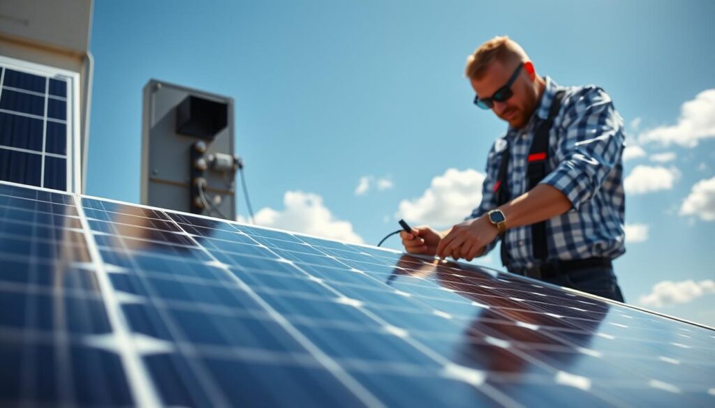 A detailed scene depicting a solar panel being connected to a 220V outlet. In the foreground, focus on the solar panel with a sleek, modern design, gleaming under bright sunlight. Nearby, an experienced technician in professional attire is shown carefully making the electrical connection, showcasing their focus and expertise. The middle ground features a well-organized outdoor setup with tools and cables, emphasizing the technical aspect of the installation. In the background, a clear blue sky complements a few scattered fluffy clouds, creating a serene atmosphere. The lighting is bright and natural, highlighting the reflective surfaces of the solar panel. The image captures a sense of innovation and sustainability, inviting viewers to appreciate the benefits of solar energy and the importance of correct installation for optimal performance.