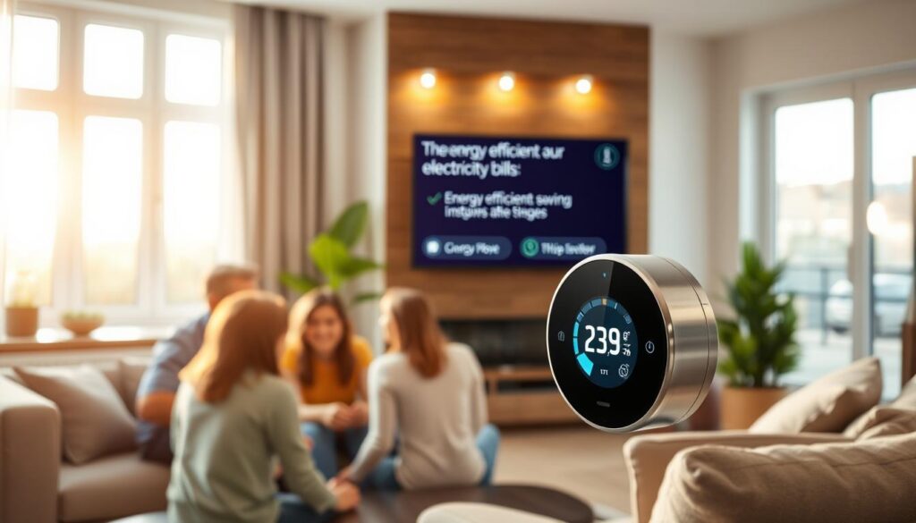 A modern living room filled with energy-saving features designed to optimize electricity consumption. In the foreground, a family gathers around a smart thermostat displaying energy usage data on a sleek touchscreen. In the middle, a large window lets in natural light, with energy-efficient LED bulbs subtly illuminating the room. A digital display on the wall shows tips for reducing electricity bills, emphasizing eco-friendly practices. In the background, a cozy green plant corner symbolizes sustainability. The lighting is warm and inviting, creating a calm atmosphere. The composition captures a sense of modern efficiency and harmony in energy use, with a focus on innovative, sustainable living. The scene is photographed from a slight angle to add depth, resembling a lifestyle magazine aesthetic.