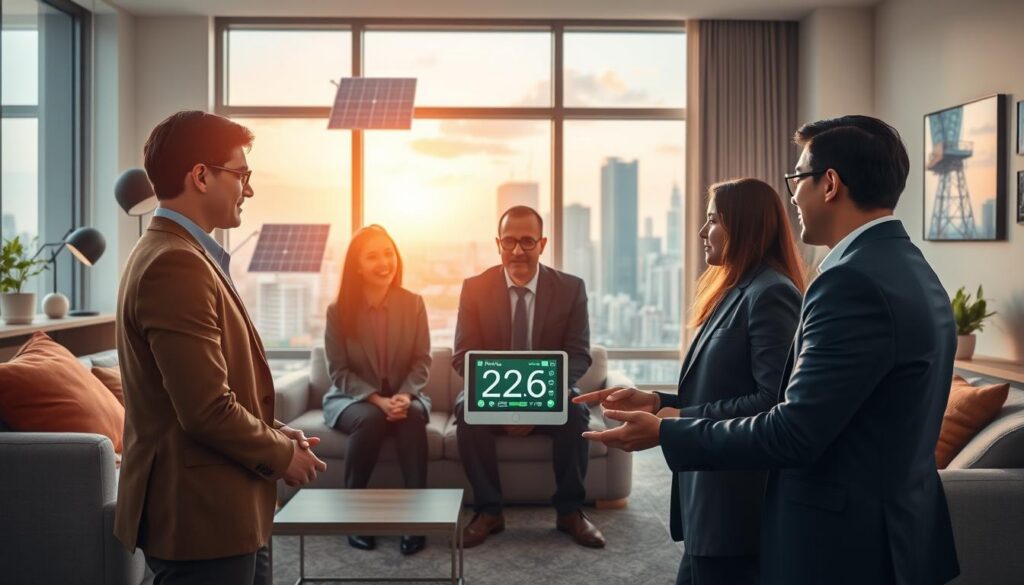 A modern living room with a large window showcasing a vibrant city skyline outside, depicting the year 2026. In the foreground, a diverse group of professionals in modest business attire are engaged in a discussion around an energy-efficient smart home device, emphasizing solutions for controlling electricity bills. Soft natural lighting floods the space, creating a warm atmosphere. The middle ground features innovative technology like smart thermostats, solar panels displayed on the window, and energy-efficient appliances. The background shows a futuristic city, symbolizing advancements in energy efficiency. The overall mood is optimistic and forward-thinking, focusing on sustainable living and modern solutions for energy management.