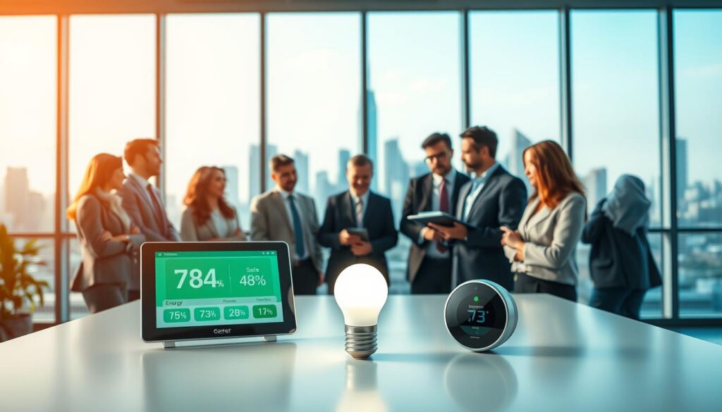 A modern office setting carefully designed to illustrate practical tips for managing energy consumption during peak times. In the foreground, a diverse group of professionals, dressed in business attire, are engaged in a discussion while examining a digital tablet displaying energy-saving statistics. The middle ground features an energy-efficient light bulb and a smart thermostat on a clean desk, symbolizing modern technology. In the background, large windows allow soft natural light to fill the room, contrasting with a sleek urban skyline. The atmosphere is professional yet inviting, capturing a sense of collaboration and innovation. The color palette includes cool blues and warm yellows to convey a balanced, optimistic mood, ideal for energy-saving strategies. A modern office setting carefully designed to illustrate practical tips for managing energy consumption during peak times. In the foreground, a diverse group of professionals, dressed in business attire, are engaged in a discussion while examining a digital tablet displaying energy-saving statistics. The middle ground features an energy-efficient light bulb and a smart thermostat on a clean desk, symbolizing modern technology. In the background, large windows allow soft natural light to fill the room, contrasting with a sleek urban skyline. The atmosphere is professional yet inviting, capturing a sense of collaboration and innovation. The color palette includes cool blues and warm yellows to convey a balanced, optimistic mood, ideal for energy-saving strategies.
