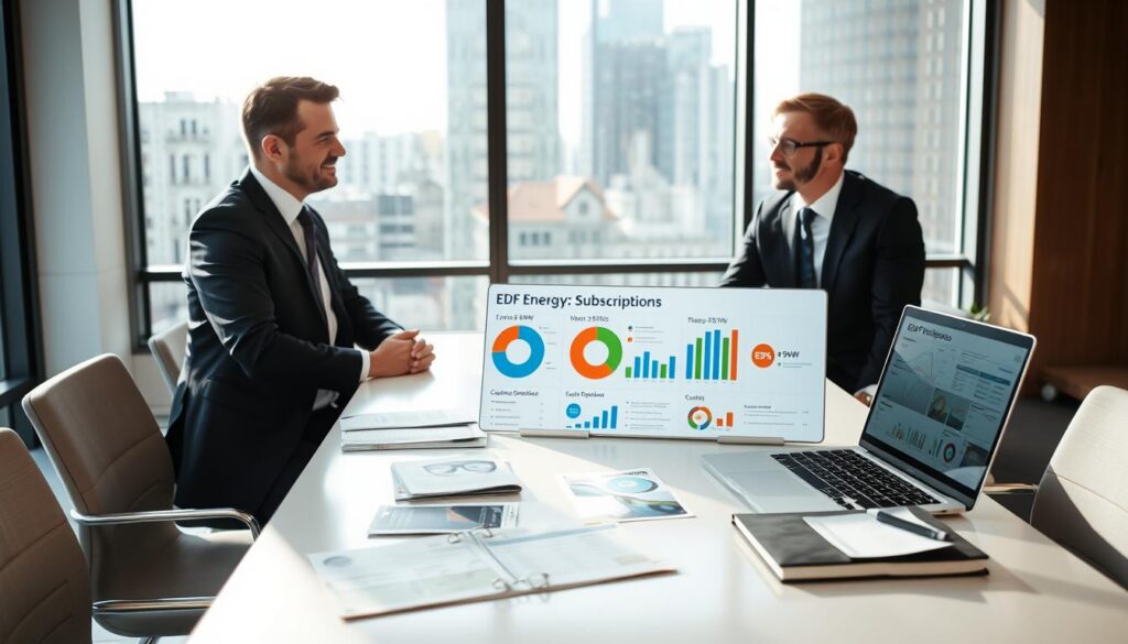 A modern office setting with a professional consultant discussing energy subscription options with a client, both in business attire. In the foreground, a sleek table with energy bills, brochures, and a laptop displaying charts related to EDF 6kW and 9kW subscriptions. The middle section features a colorful pie chart and graphs illustrating cost optimization strategies. The background showcases a large window with natural light streaming in, highlighting a cityscape view. The scene is well-lit, with a warm and inviting atmosphere, emphasizing clarity and professionalism. The camera angle is slightly elevated to capture the interaction and details on the table, ensuring a business-focused mood.