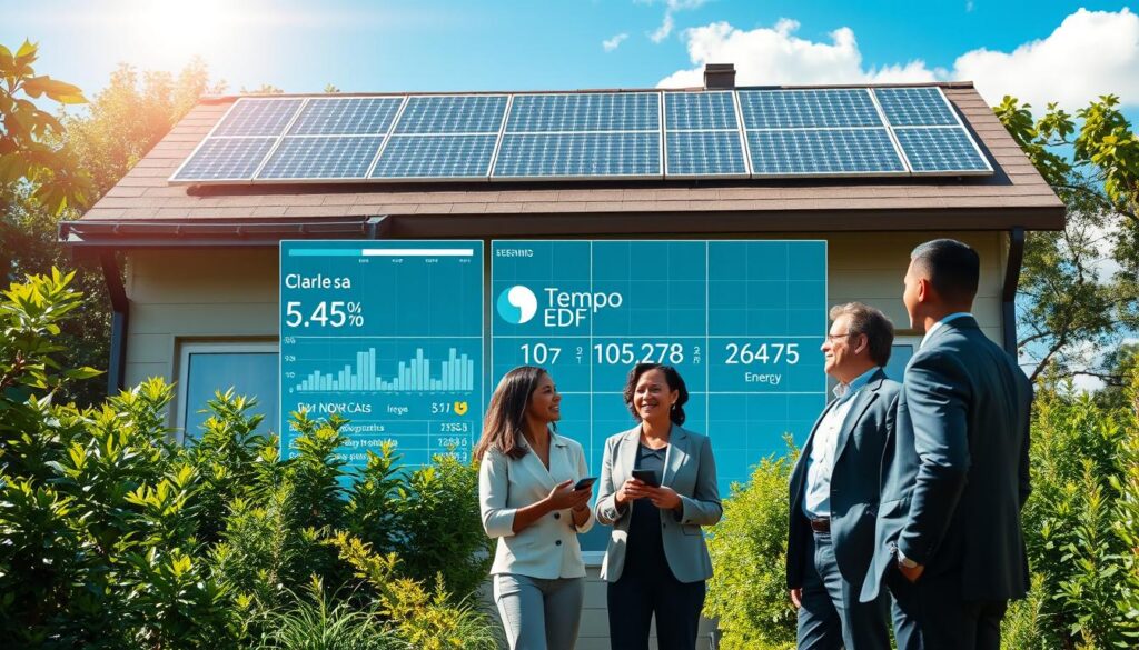 A modern solar-powered home surrounded by lush greenery, featuring solar panels on the roof that capture sunlight. In the foreground, a diverse group of three professionals in smart casual attire, women and men, engage in an animated discussion about solar energy optimization techniques. The middle ground showcases a digitally rendered grid displaying energy usage data and the Tempo EDF logo. The background reveals a bright blue sky with a few fluffy clouds, highlighting a sunlit day. The lighting is warm and inviting, creating a positive and uplifting atmosphere. The perspective is semi-aerial, capturing both the house and the professionals at work, emphasizing collaboration and innovation in solar self-consumption management. A modern solar-powered home surrounded by lush greenery, featuring solar panels on the roof that capture sunlight. In the foreground, a diverse group of three professionals in smart casual attire, women and men, engage in an animated discussion about solar energy optimization techniques. The middle ground showcases a digitally rendered grid displaying energy usage data and the Tempo EDF logo. The background reveals a bright blue sky with a few fluffy clouds, highlighting a sunlit day. The lighting is warm and inviting, creating a positive and uplifting atmosphere. The perspective is semi-aerial, capturing both the house and the professionals at work, emphasizing collaboration and innovation in solar self-consumption management.