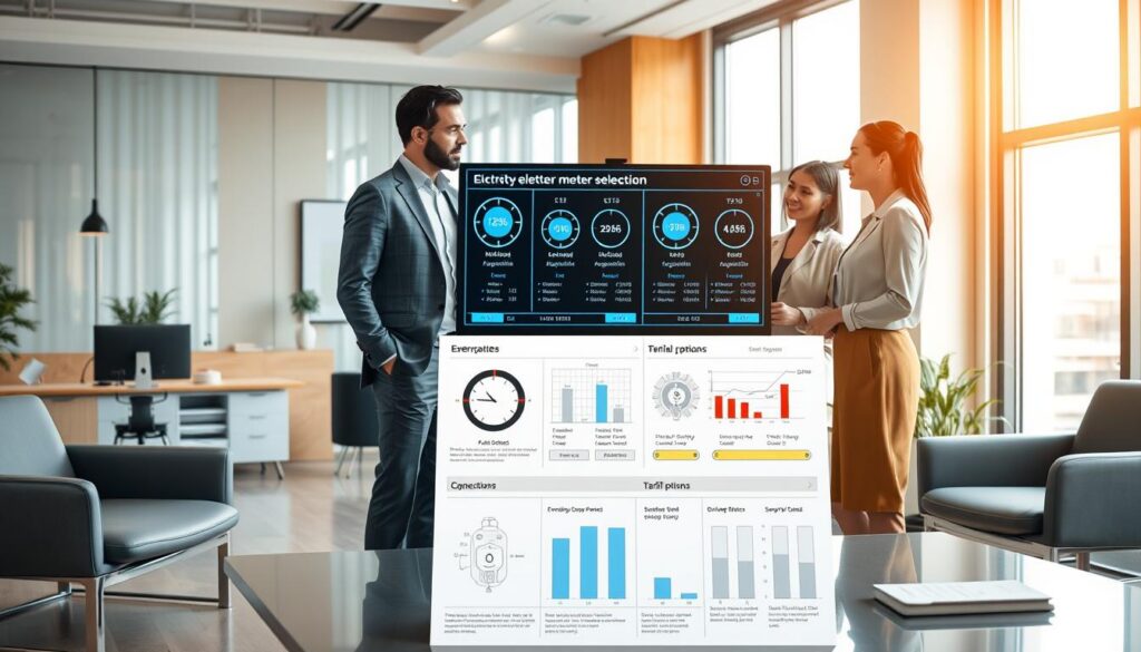A modern, well-lit office environment showcasing a professional setting focused on electricity meter selection. In the foreground, a diverse group of three professionals, a man and two women dressed in business attire, are gathered around a large digital display screen showing a graphical representation of various electric meter capacities and pricing options. In the middle ground, there are technical illustrations and charts depicting electricity consumption and tariff options, clearly visible and engaging. The background features sleek office furniture, a warm color palette, and large windows allowing natural light to fill the space, creating an inviting and collaborative atmosphere. The mood is productive and informative, emphasizing the importance of making informed choices about electricity meter capacity and pricing plans. A modern, well-lit office environment showcasing a professional setting focused on electricity meter selection. In the foreground, a diverse group of three professionals, a man and two women dressed in business attire, are gathered around a large digital display screen showing a graphical representation of various electric meter capacities and pricing options. In the middle ground, there are technical illustrations and charts depicting electricity consumption and tariff options, clearly visible and engaging. The background features sleek office furniture, a warm color palette, and large windows allowing natural light to fill the space, creating an inviting and collaborative atmosphere. The mood is productive and informative, emphasizing the importance of making informed choices about electricity meter capacity and pricing plans.