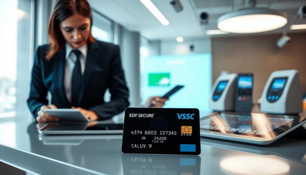 A professional banking environment illustrating the security of credit card payments at EDF. In the foreground, a digitally rendered credit card is placed on a sleek modern desk, alongside a tablet displaying a secure payment interface. The middle ground showcases a focused professional wearing business attire, examining transaction details with a look of assurance. In the background, a softly lit office with elements of technology like secure payment terminals and surveillance cameras symbolize safety. The overall mood is calm and confident, highlighting trust and security in financial transactions. The lighting is bright but soft, with a focus on the card and the professional's expression, captured from a slightly elevated angle to emphasize seriousness and reliability.