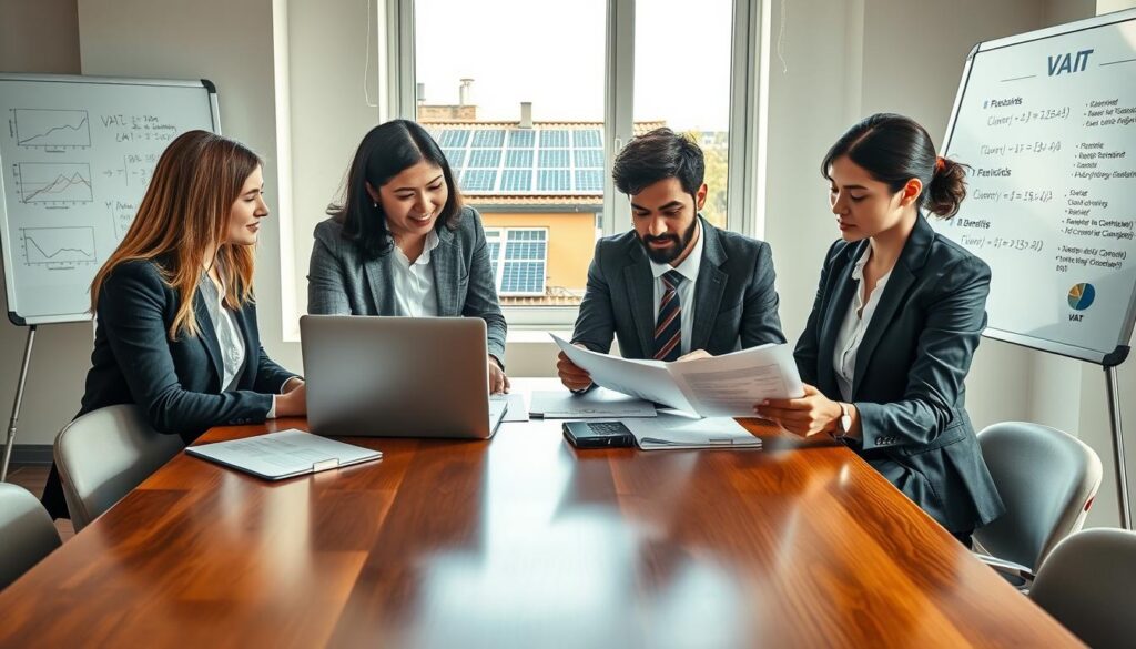 A professional business setting illustrating the concept of calculating VAT related to solar energy. In the foreground, a diverse group of three business professionals, dressed in smart casual attire, are gathered around a polished wooden table, analyzing documents and using a laptop that displays graphs and formulas. In the middle ground, a bright window reveals solar panels installed on the roof of a nearby building, symbolizing renewable energy. The background features a whiteboard with visuals explaining VAT calculations and solar energy benefits. Soft, natural lighting streams through the window, creating a collaborative and focused atmosphere conducive to learning and problem-solving. The image captures an engaging and informative moment without any text overlays or distractions.