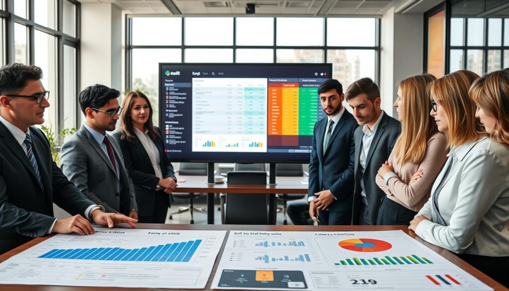 A professional comparison of energy subscription tariffs, featuring a sleek, modern office environment. In the foreground, a diverse group of business professionals, dressed in smart business attire, is gathered around a table covered with charts and graphs illustrating EDF subscription options alongside competitor plans. In the middle ground, a large digital screen displays colorful data visualizations and comparisons, providing a clear view of pricing and service conditions. The background is filled with contemporary office decor and large windows allowing for natural light to flood the room, creating an inviting atmosphere. The overall mood is focused and analytical, perfect for a discussion about energy tariffs. High-resolution, soft lighting enhances the clarity of the data being presented, captured from a slightly elevated angle for an engaging perspective.