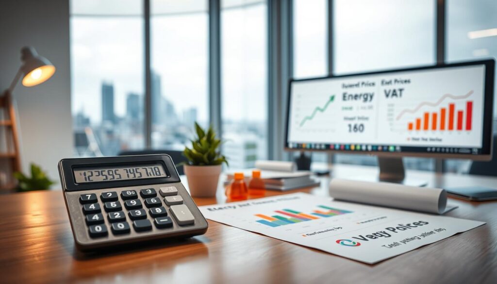 A professional office setting focused on energy consumption, showcasing a modern desk with a calculator, charts, and documents related to electricity VAT rates. In the foreground, a clean calculator displaying numbers alongside colorful graphs illustrating fluctuating electricity prices and VAT rates. The middle ground features a well-organized desk filled with energy policies, a potted plant, and a computer with energy-saving tips displayed on the screen. Soft, warm lighting illuminates the scene, creating an inviting atmosphere. In the background, a large window shows a city skyline, symbolizing the connection between energy consumption and urban life. Capture a sense of professionalism and financial awareness.