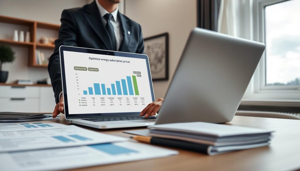 A sleek and modern home office setting, showcasing a professional individual dressed in smart business attire, analyzing data on a laptop. The foreground features a well-organized desk with documents and graphs on optimizing energy subscription prices. In the middle, an elegant chart displaying various EDF subscription options is visible on the laptop screen. In the background, a window showcasing an overcast sky, complementing the indoor lighting which is soft and inviting. The atmosphere is one of productivity and focus, emphasizing the theme of energy consumption optimization. The composition is framed through a slightly angled lens, adding depth to the scene while ensuring all elements are clearly presented and engaging. A sleek and modern home office setting, showcasing a professional individual dressed in smart business attire, analyzing data on a laptop. The foreground features a well-organized desk with documents and graphs on optimizing energy subscription prices. In the middle, an elegant chart displaying various EDF subscription options is visible on the laptop screen. In the background, a window showcasing an overcast sky, complementing the indoor lighting which is soft and inviting. The atmosphere is one of productivity and focus, emphasizing the theme of energy consumption optimization. The composition is framed through a slightly angled lens, adding depth to the scene while ensuring all elements are clearly presented and engaging.