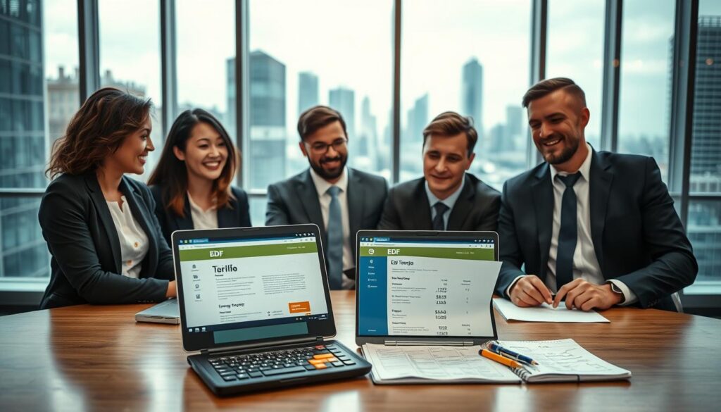 A visually engaging representation of an energy subscription process. In the foreground, a diverse group of three professional individuals, one woman and two men, are analyzing an energy tariff document labeled "EDF Tempo" together at a modern office desk, dressed in business attire. In the middle ground, there's a laptop displaying the EDF website’s subscription page, alongside tools like a calculator and a notepad filled with notes about energy pricing. The background features large windows with a city skyline, allowing natural light to illuminate the scene, creating a bright, hopeful atmosphere. The composition should evoke a sense of professionalism and clarity, emphasizing the decision-making process around energy subscriptions. A visually engaging representation of an energy subscription process. In the foreground, a diverse group of three professional individuals, one woman and two men, are analyzing an energy tariff document labeled "EDF Tempo" together at a modern office desk, dressed in business attire. In the middle ground, there's a laptop displaying the EDF website’s subscription page, alongside tools like a calculator and a notepad filled with notes about energy pricing. The background features large windows with a city skyline, allowing natural light to illuminate the scene, creating a bright, hopeful atmosphere. The composition should evoke a sense of professionalism and clarity, emphasizing the decision-making process around energy subscriptions.