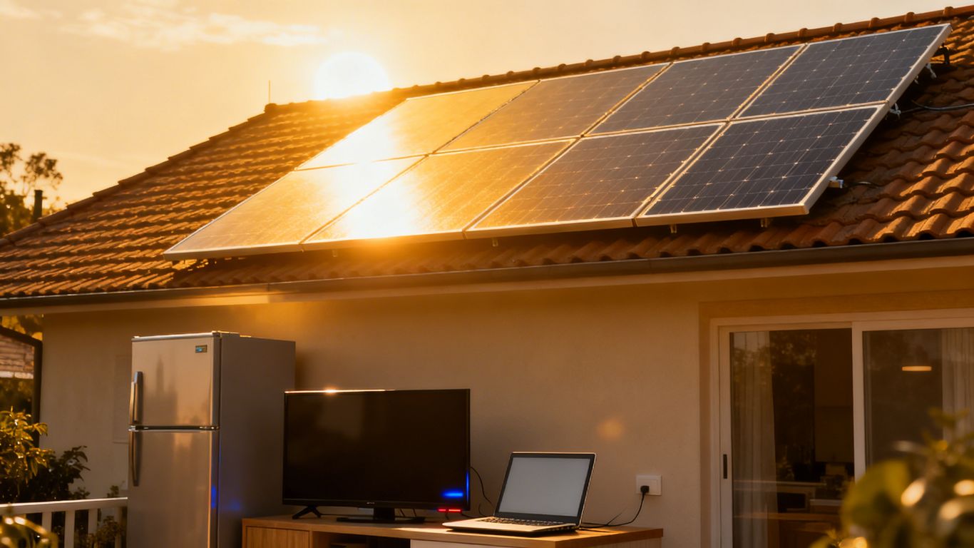 Panneau solaire alimentant des appareils ménagers dans une maison.