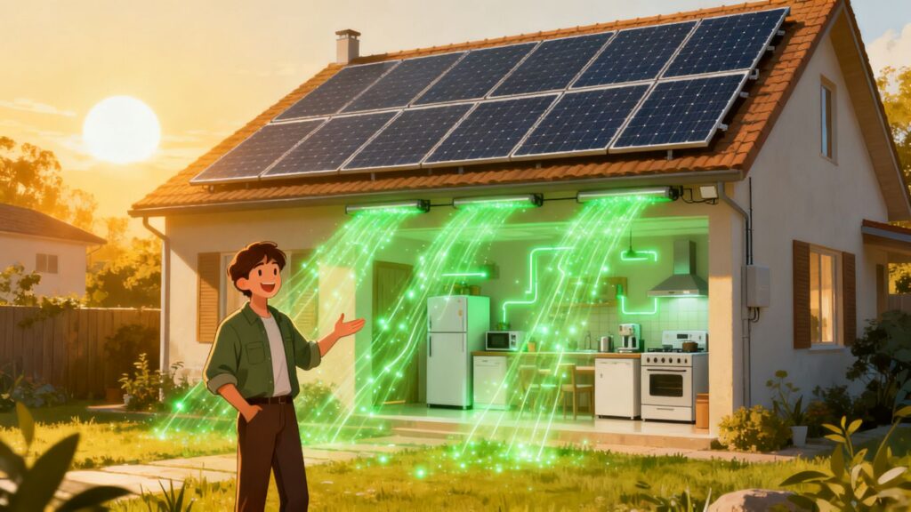 Maison avec panneaux solaires et énergie verte.