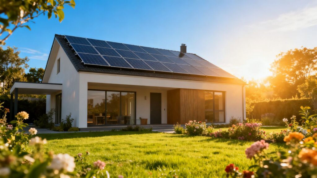 Maison avec panneaux solaires sous un ciel bleu.