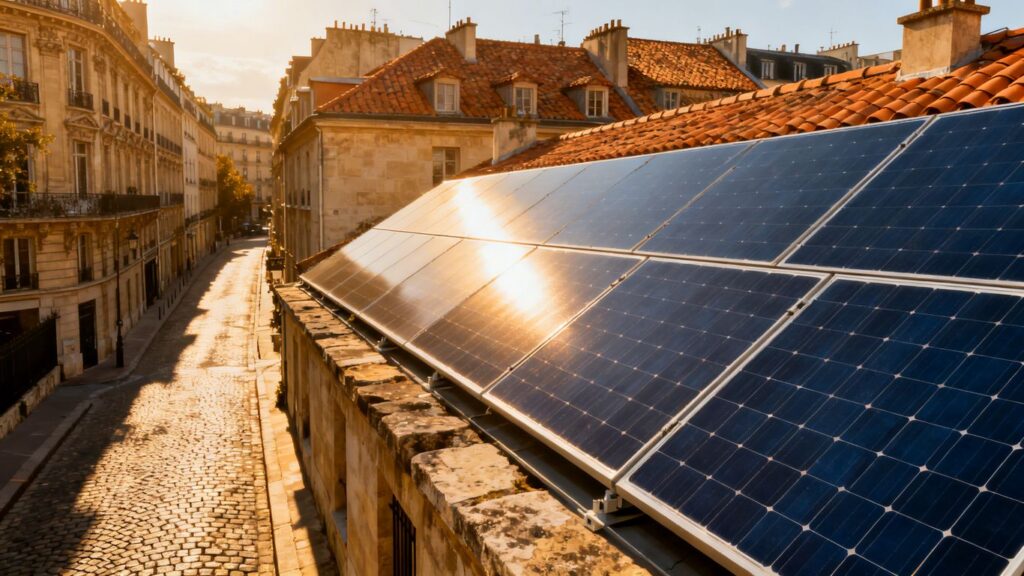 Panneaux solaires sur un toit parisien ensoleillé