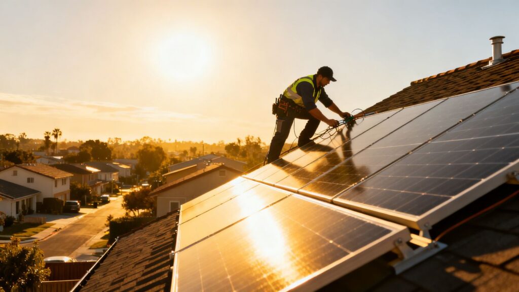 Installateur solaire travaillant sur un panneau solaire sur un toit.