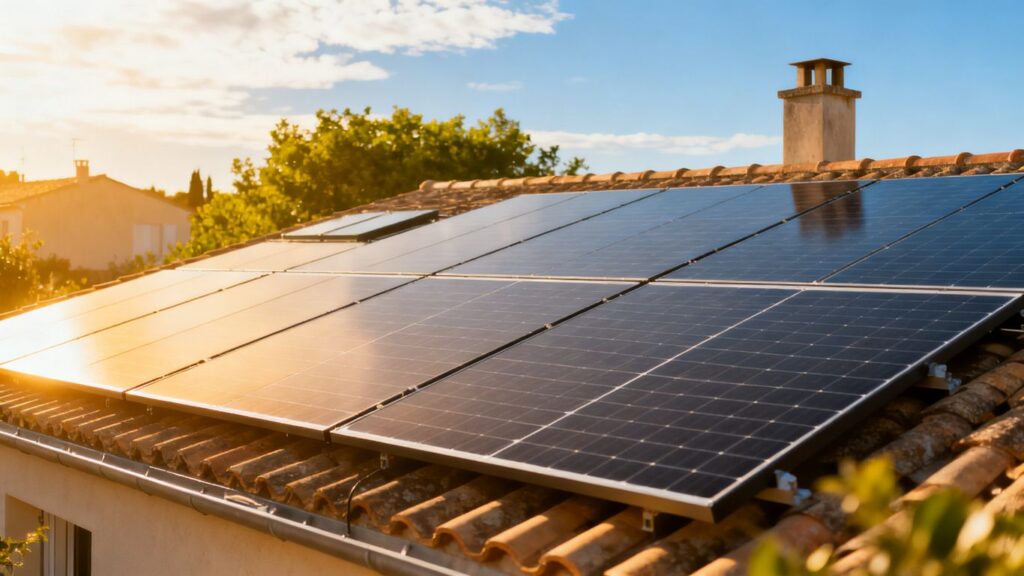 Panneaux solaires sur un toit ensoleillé en Gironde.