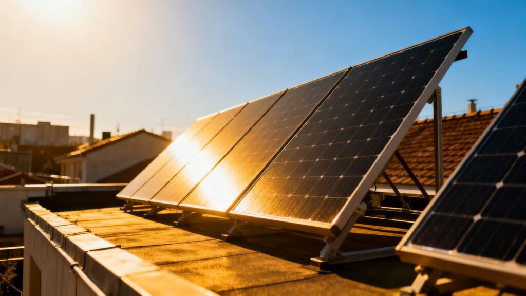 Panneaux solaires sur un toit sous le soleil.